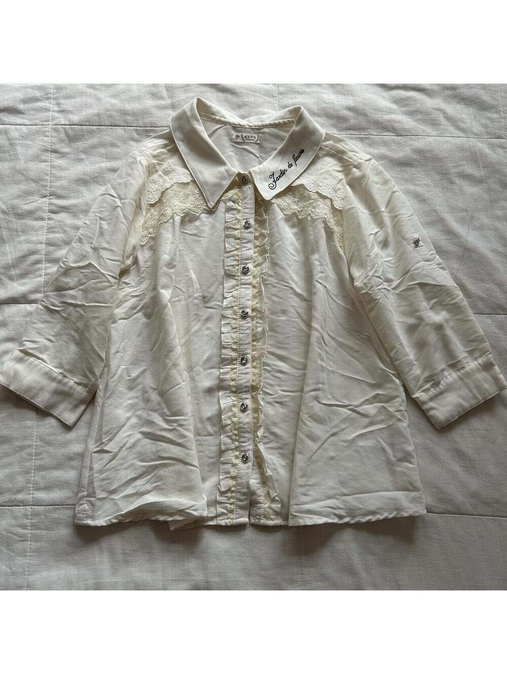 Axes Femme Ivory White Floral Lace Ruffle Button 3/4 Sleeve Blouse M Japan
